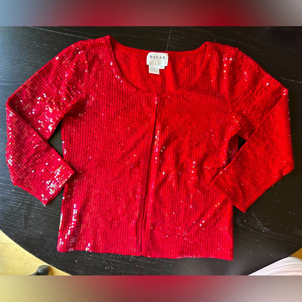 Oscar de la Renta red sequin silk cardigan top S